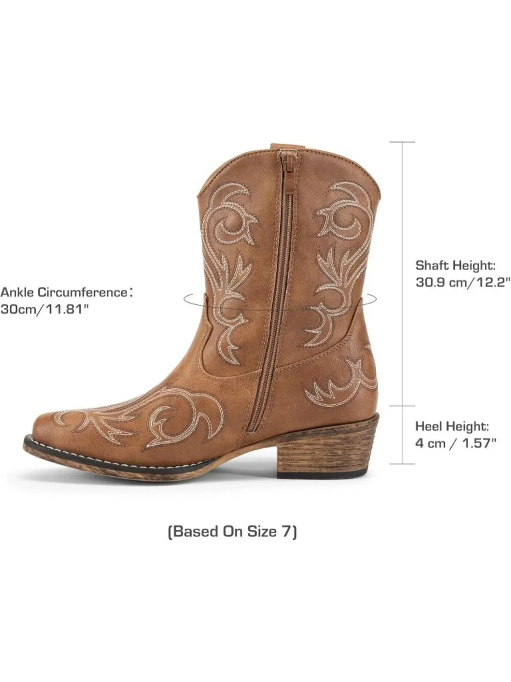 Women's Tan Cowboy Western Boots Embroidered Stitched Ankle Chunky Heel - Picture 4 of 6